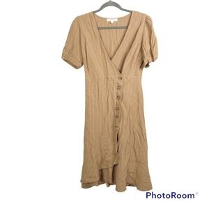 First Monday brown striped short sleeve faux wrap midi dress size M